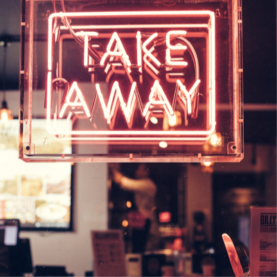 pink neon sign with take away posts
